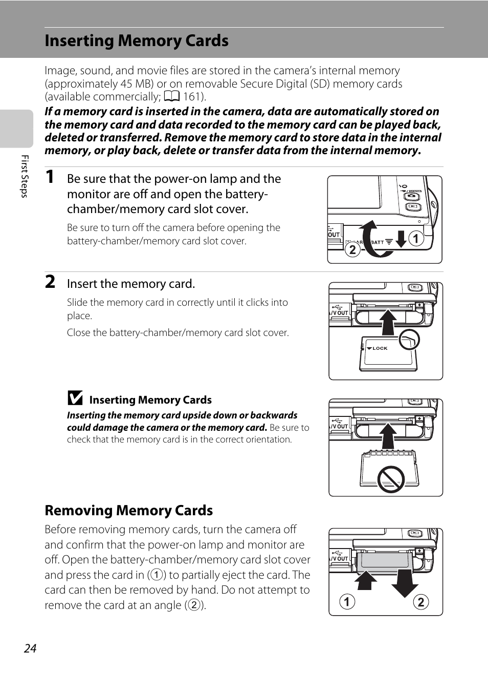 Inserting memory cards, Removing memory cards | Nikon S4000 User Manual | Page 36 / 196