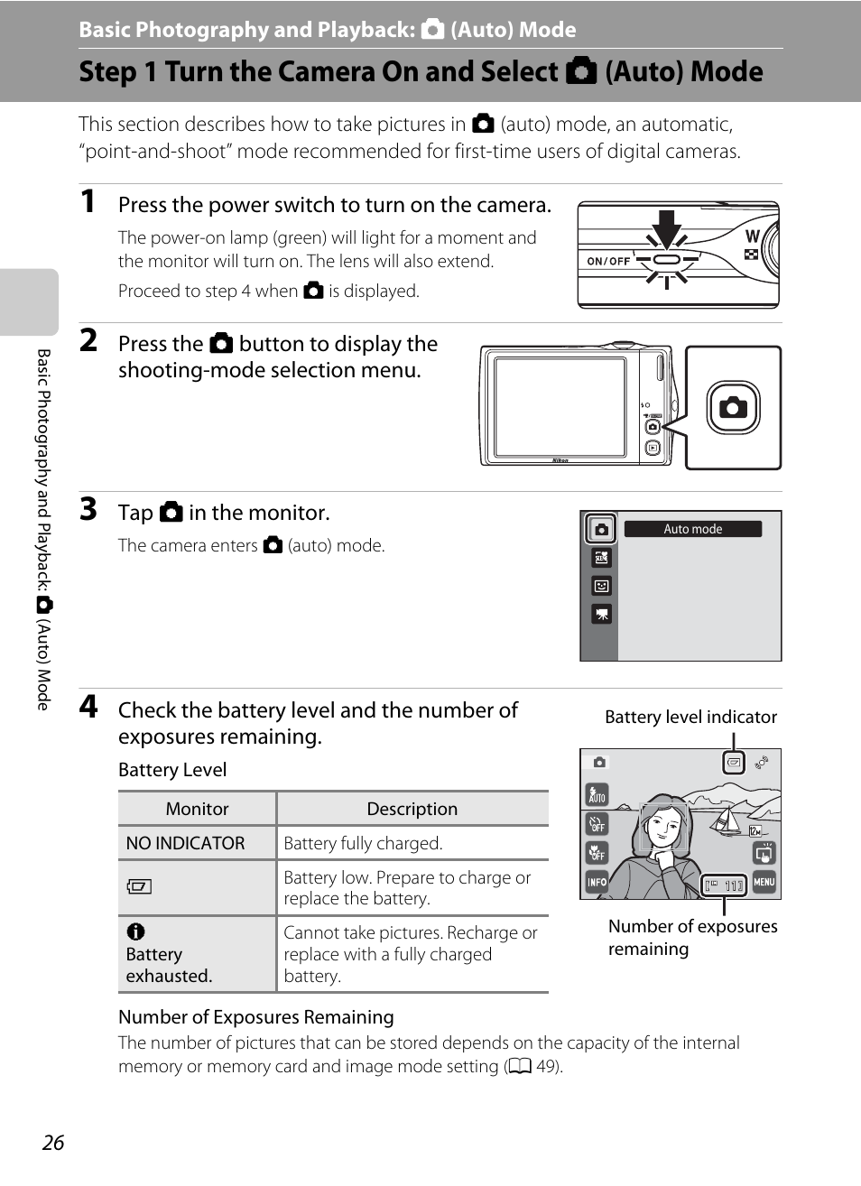 Basic photography and playback: auto mode, Step 1 turn the camera on and select auto mode, Basic photography and playback: a (auto) mode | Step 1 turn the camera on and select a (auto) mode | Nikon S4000 User Manual | Page 38 / 196