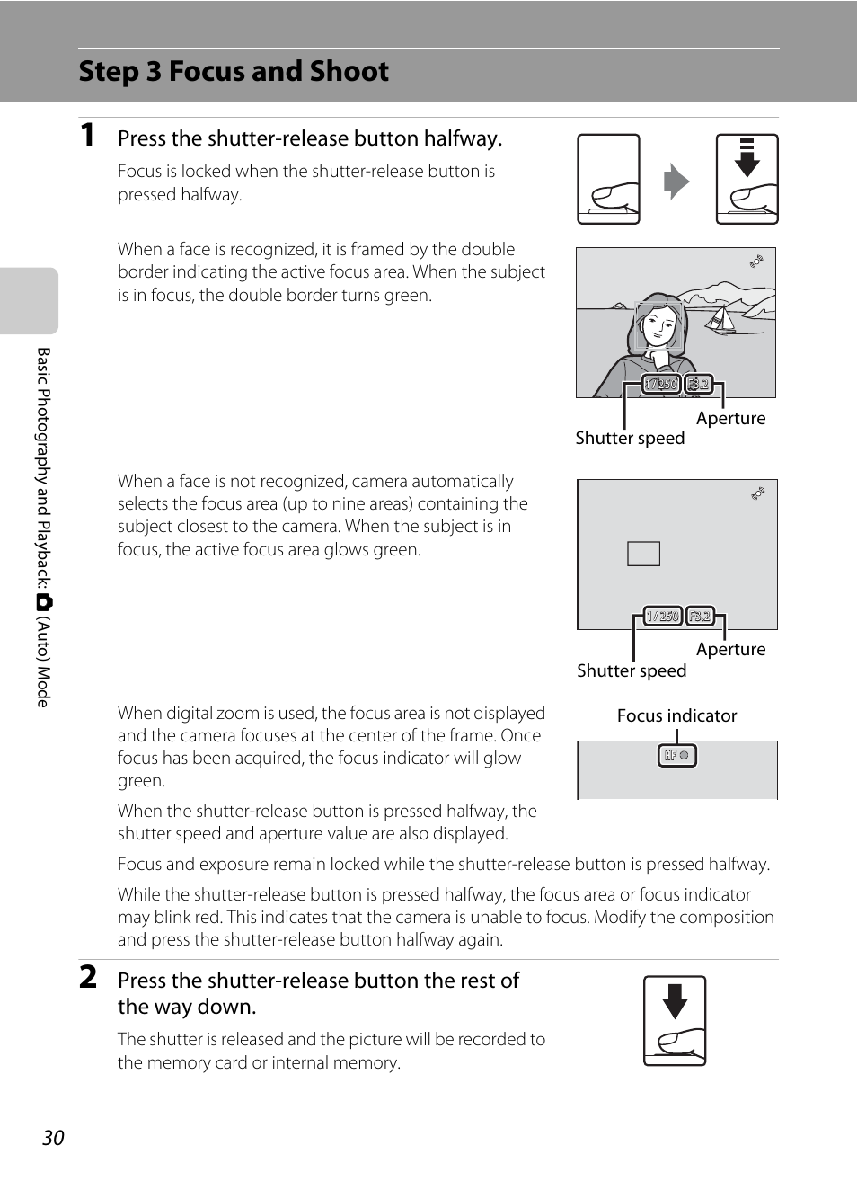 Step 3 focus and shoot, Press the shutter-release button halfway | Nikon S4000 User Manual | Page 42 / 196
