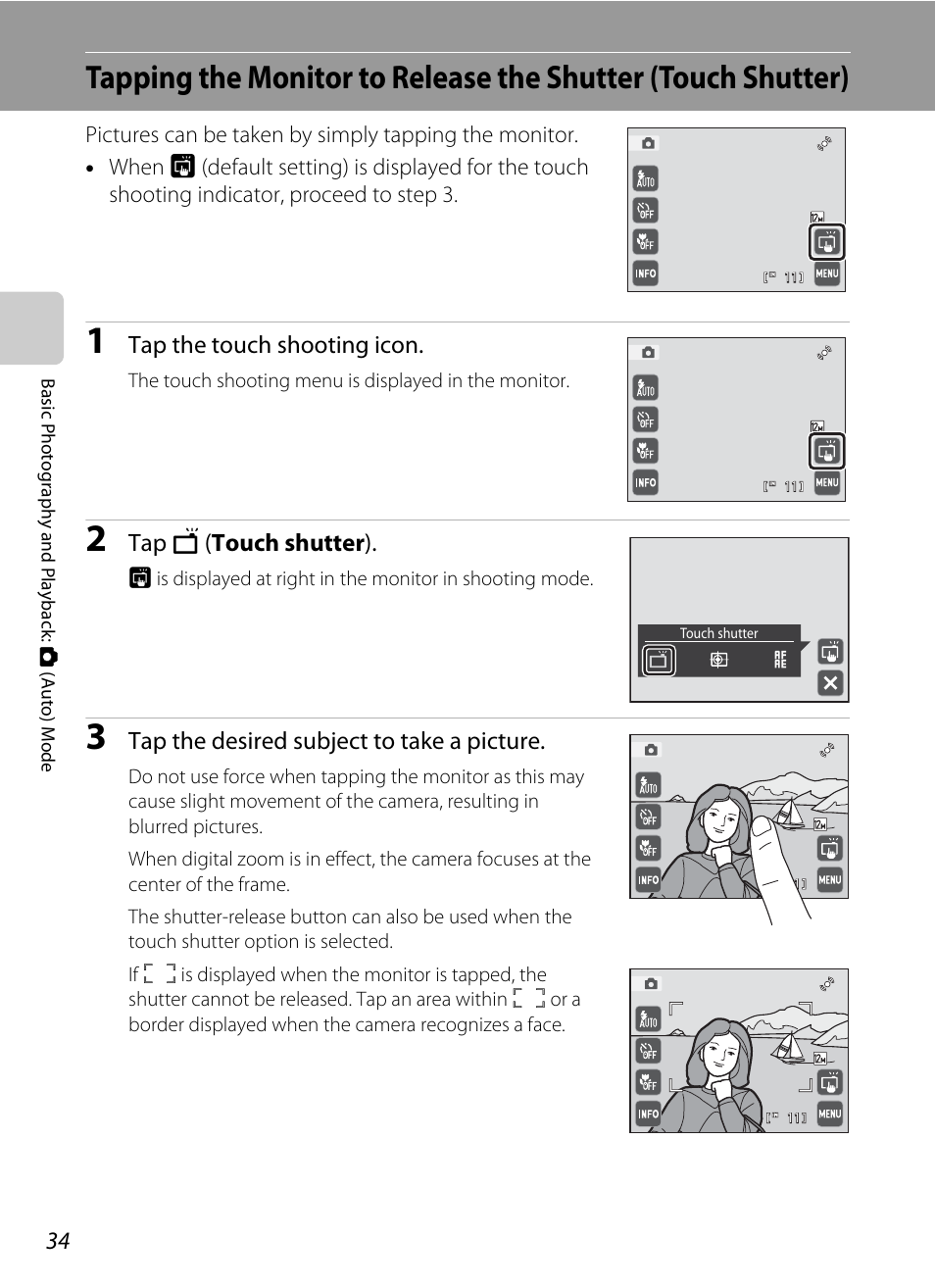 A 34), A 34) r, Tap the touch shooting icon | Tap r ( touch shutter ), Tap the desired subject to take a picture | Nikon S4000 User Manual | Page 46 / 196