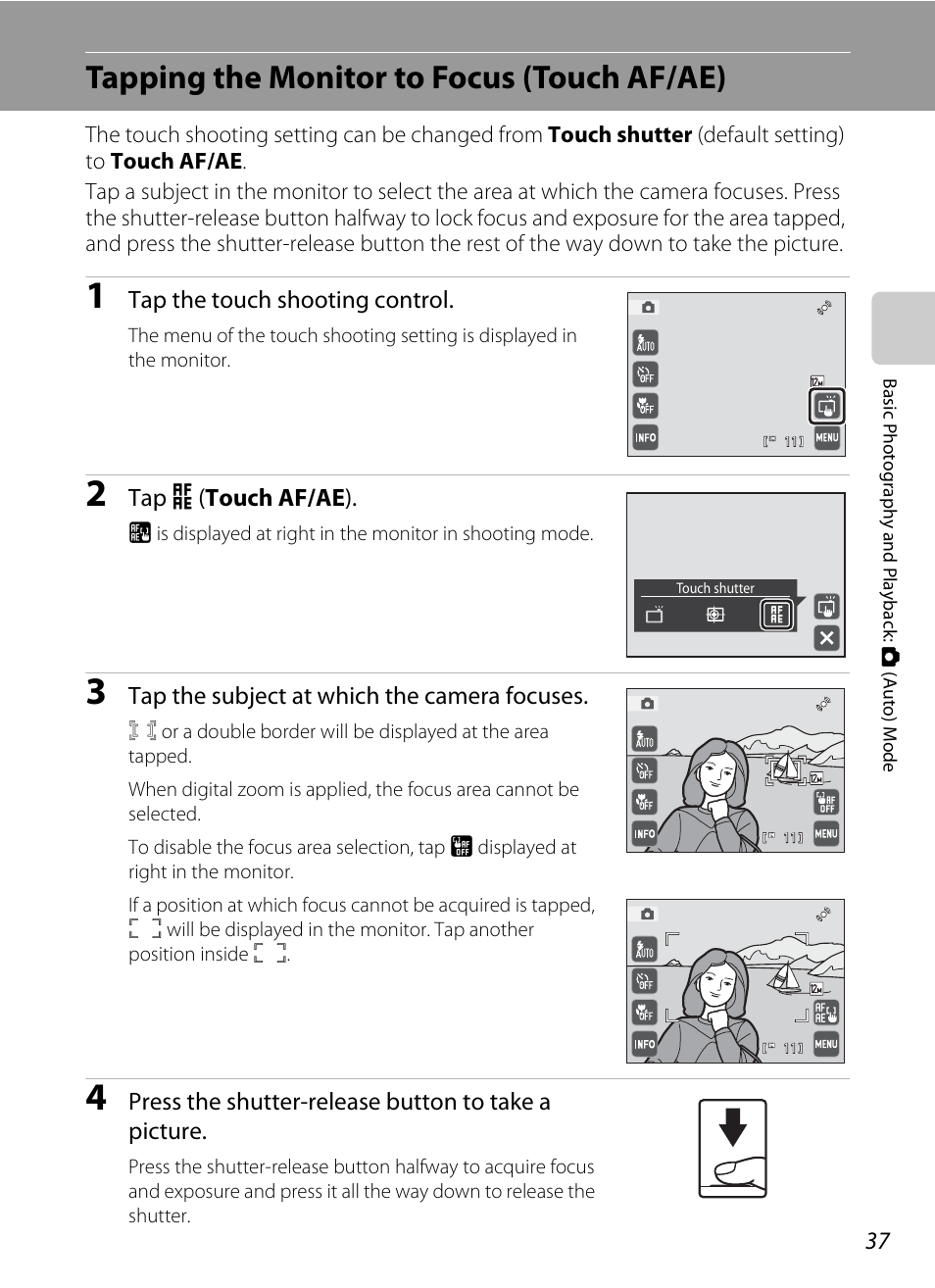 Tapping the monitor to focus (touch af/ae), A 37), A 37), or | A 37). at | Nikon S4000 User Manual | Page 49 / 196