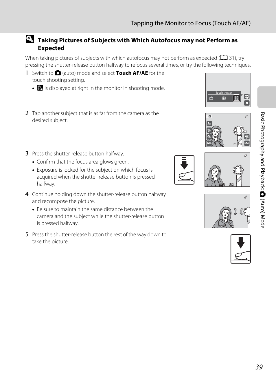 A 39), Tapping the monitor to focus (touch af/ae) | Nikon S4000 User Manual | Page 51 / 196