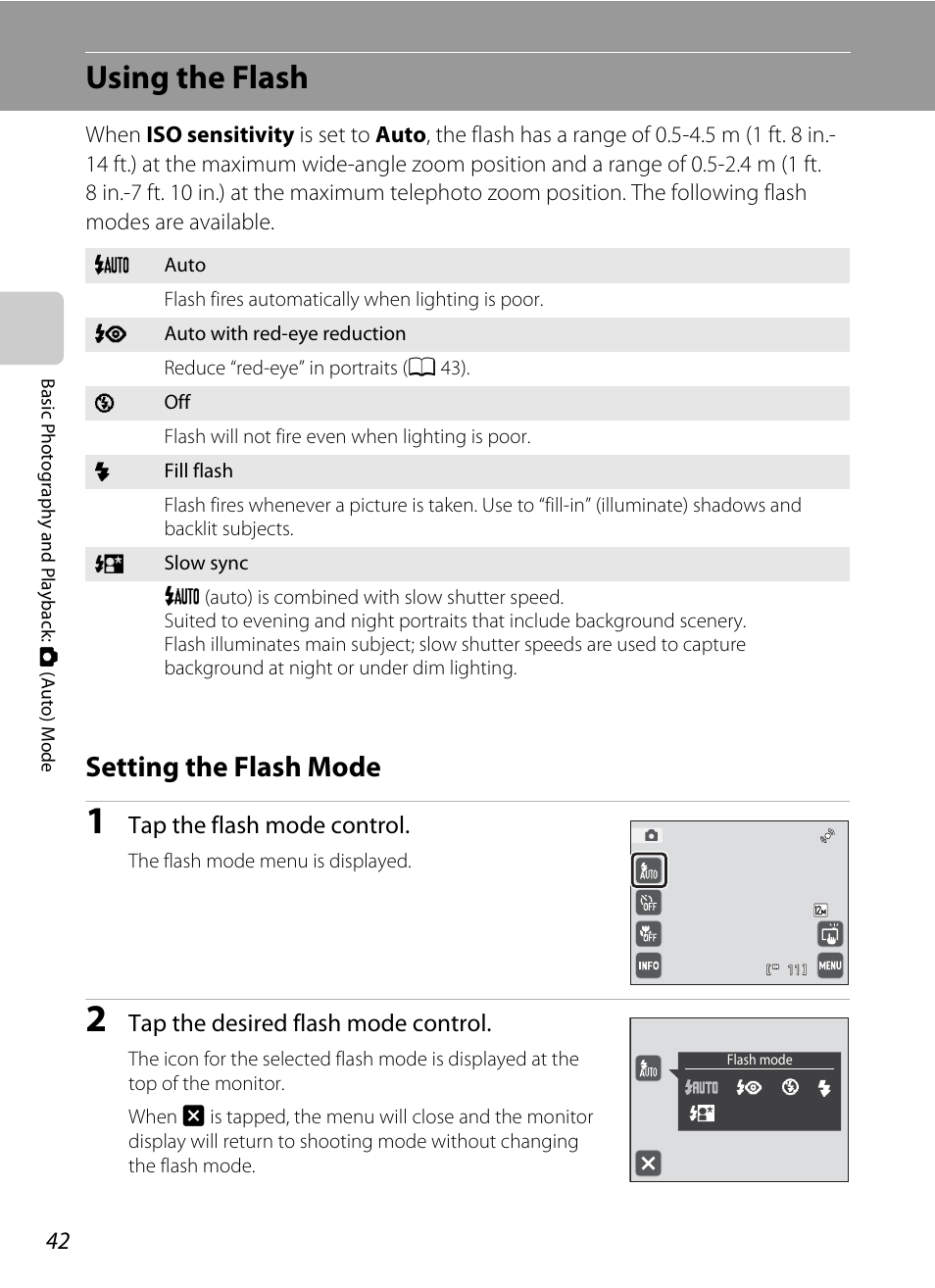 Using the flash, Setting the flash mode, A 42) can | A 42) is set to, A 42), A 42) can be | Nikon S4000 User Manual | Page 54 / 196