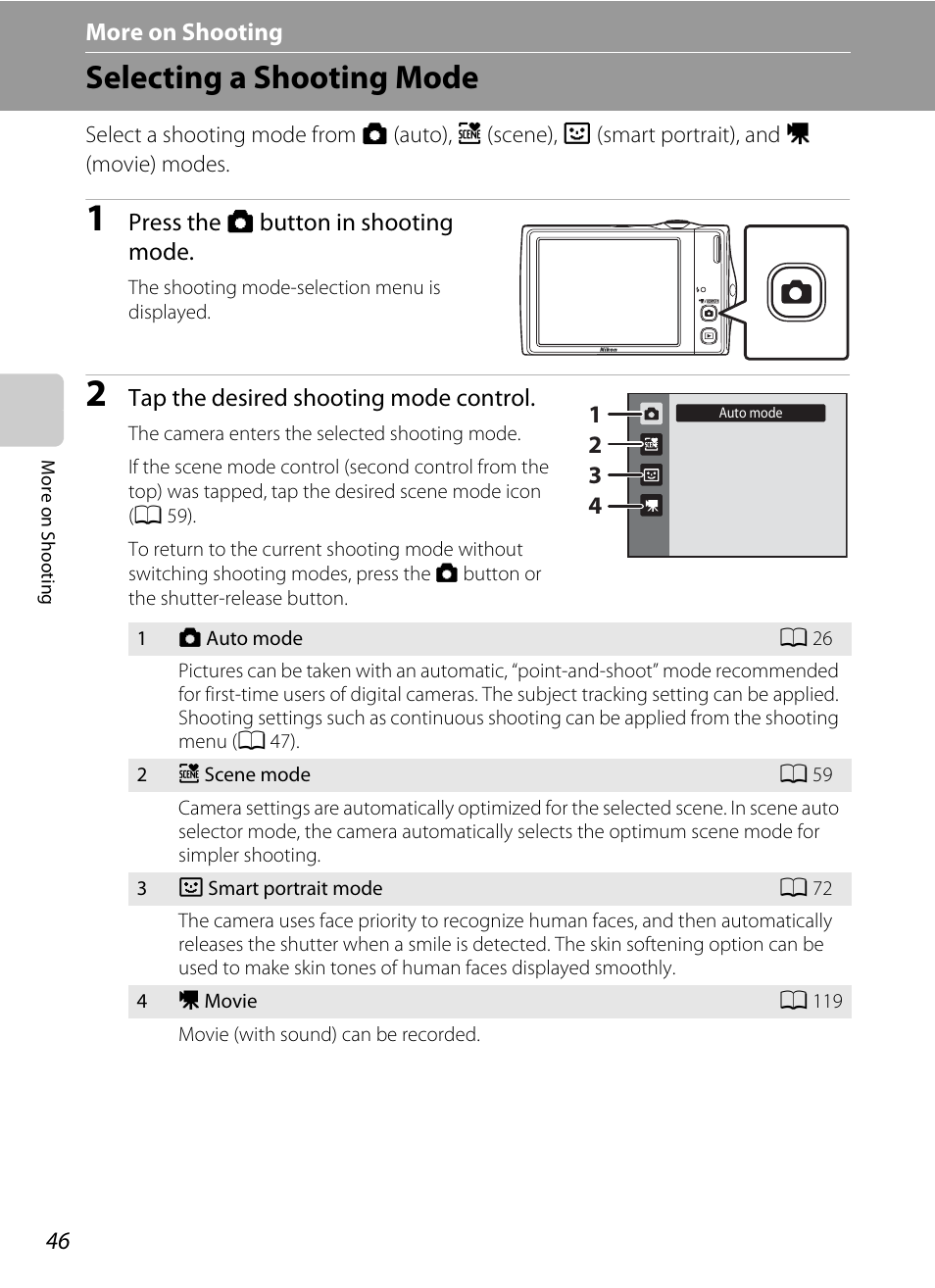 More on shooting, Selecting a shooting mode | Nikon S4000 User Manual | Page 58 / 196