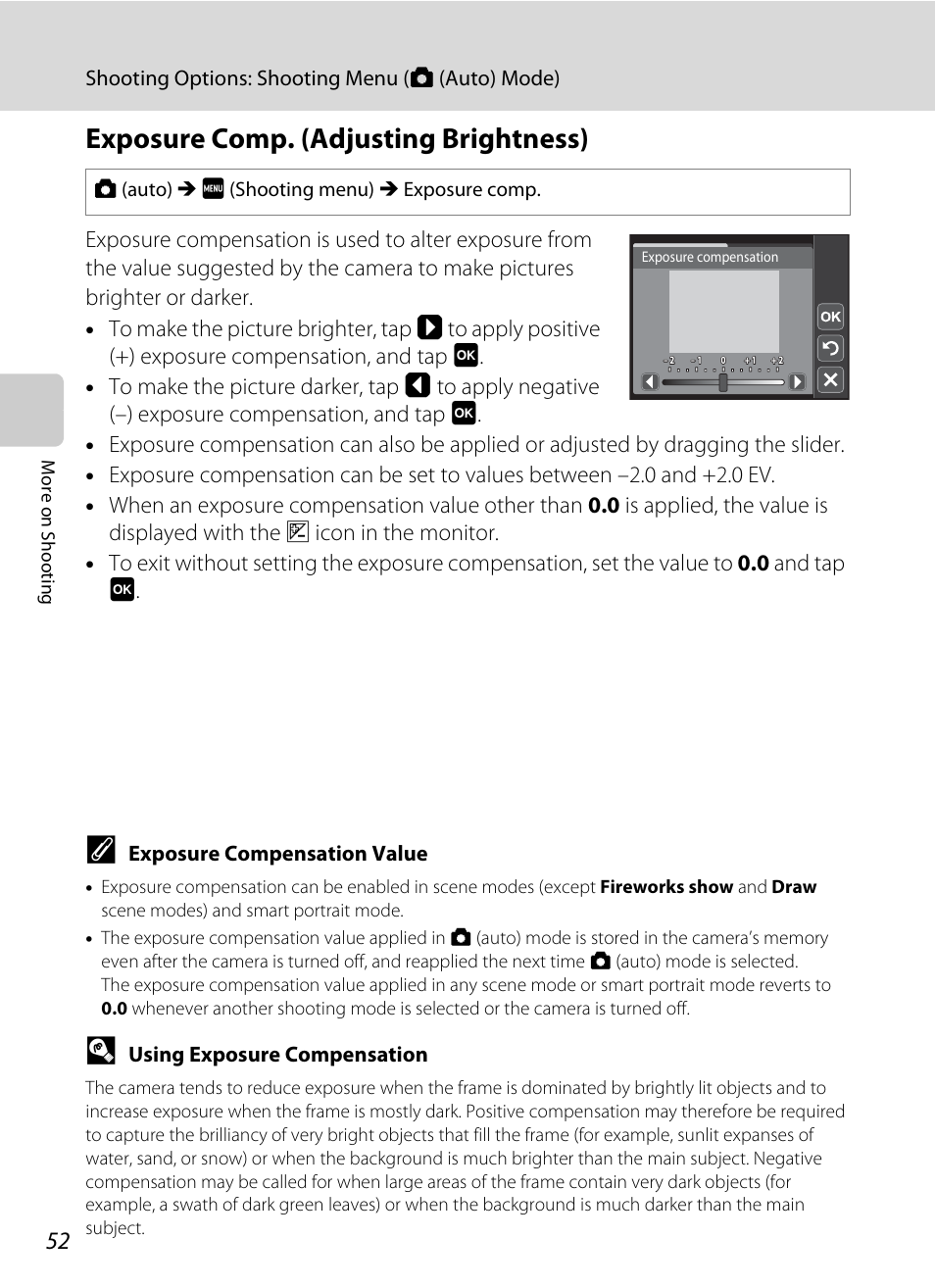 Exposure comp. (adjusting brightness), A 52), A 52 | Shooting options: shooting menu (a (auto) mode), Exposure compensation value, Using exposure compensation | Nikon S4000 User Manual | Page 64 / 196