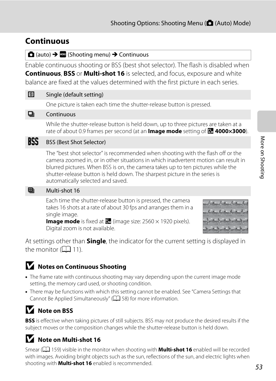 Continuous, A 53), A 53 | Nikon S4000 User Manual | Page 65 / 196