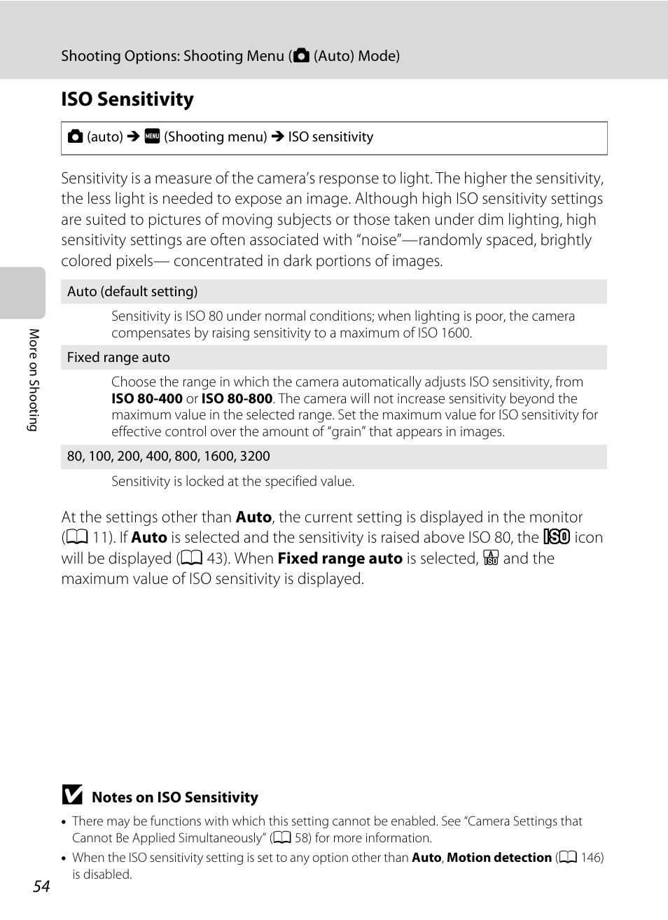 Iso sensitivity, A 54 | Nikon S4000 User Manual | Page 66 / 196