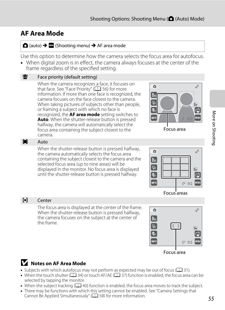 Af area mode, A 55) or, A 55 | Nikon S4000 User Manual | Page 67 / 196