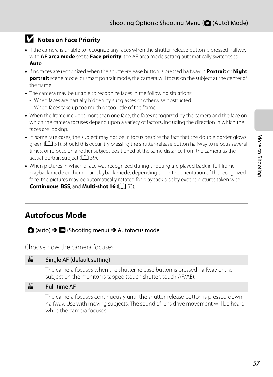 Autofocus mode, A 57 | Nikon S4000 User Manual | Page 69 / 196