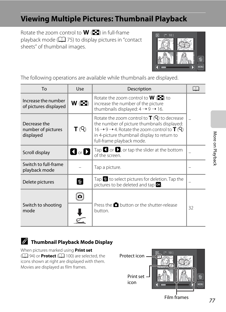 Viewing multiple pictures: thumbnail playback, A 77) | Nikon S4000 User Manual | Page 89 / 196