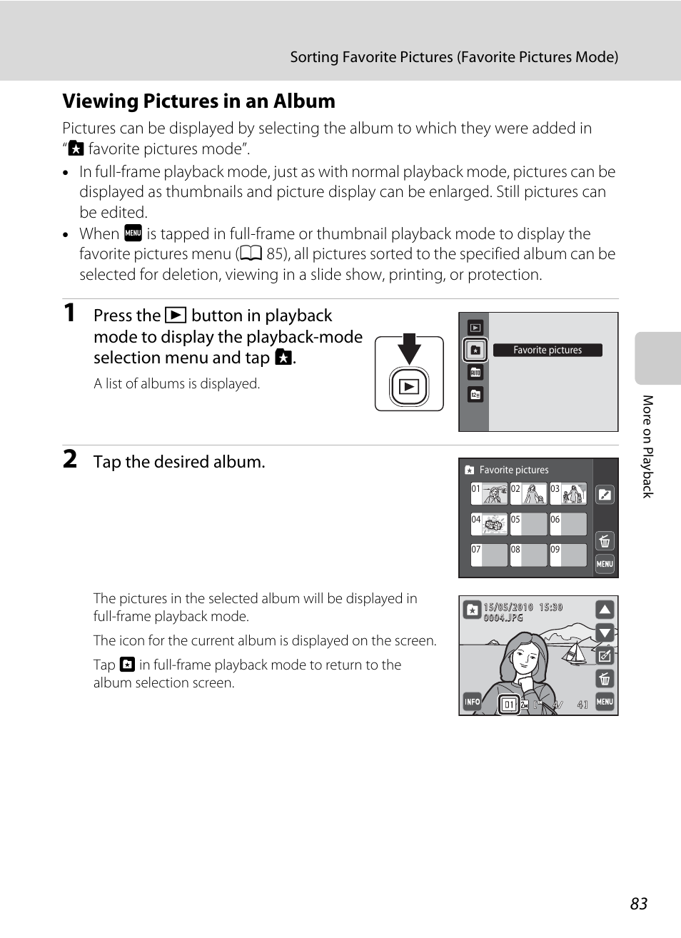 Viewing pictures in an album, Tap the desired album | Nikon S4000 User Manual | Page 95 / 196