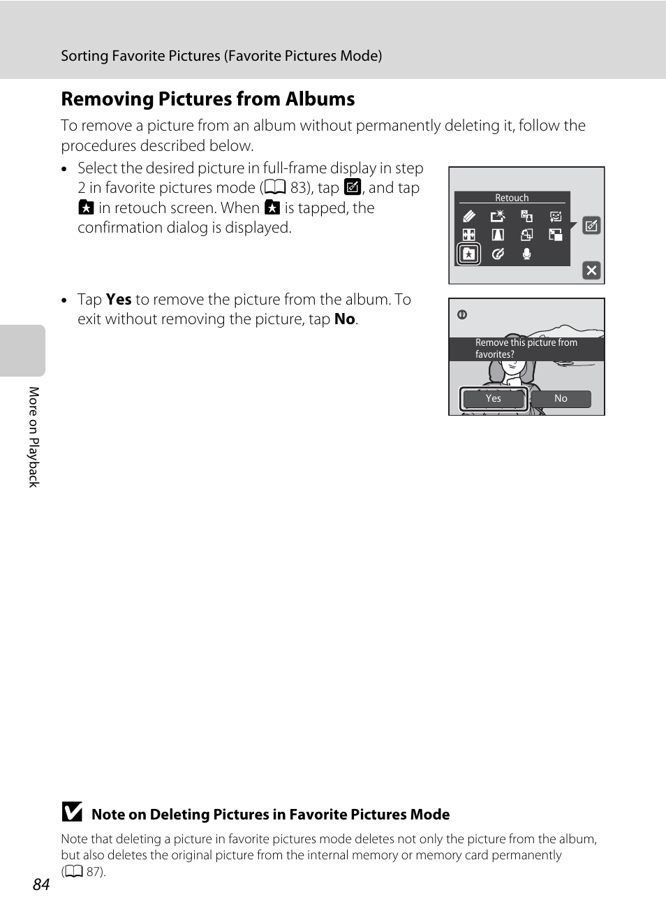 Removing pictures from albums, Ee “removing pictures from albums, A 84) f | Nikon S4000 User Manual | Page 96 / 196