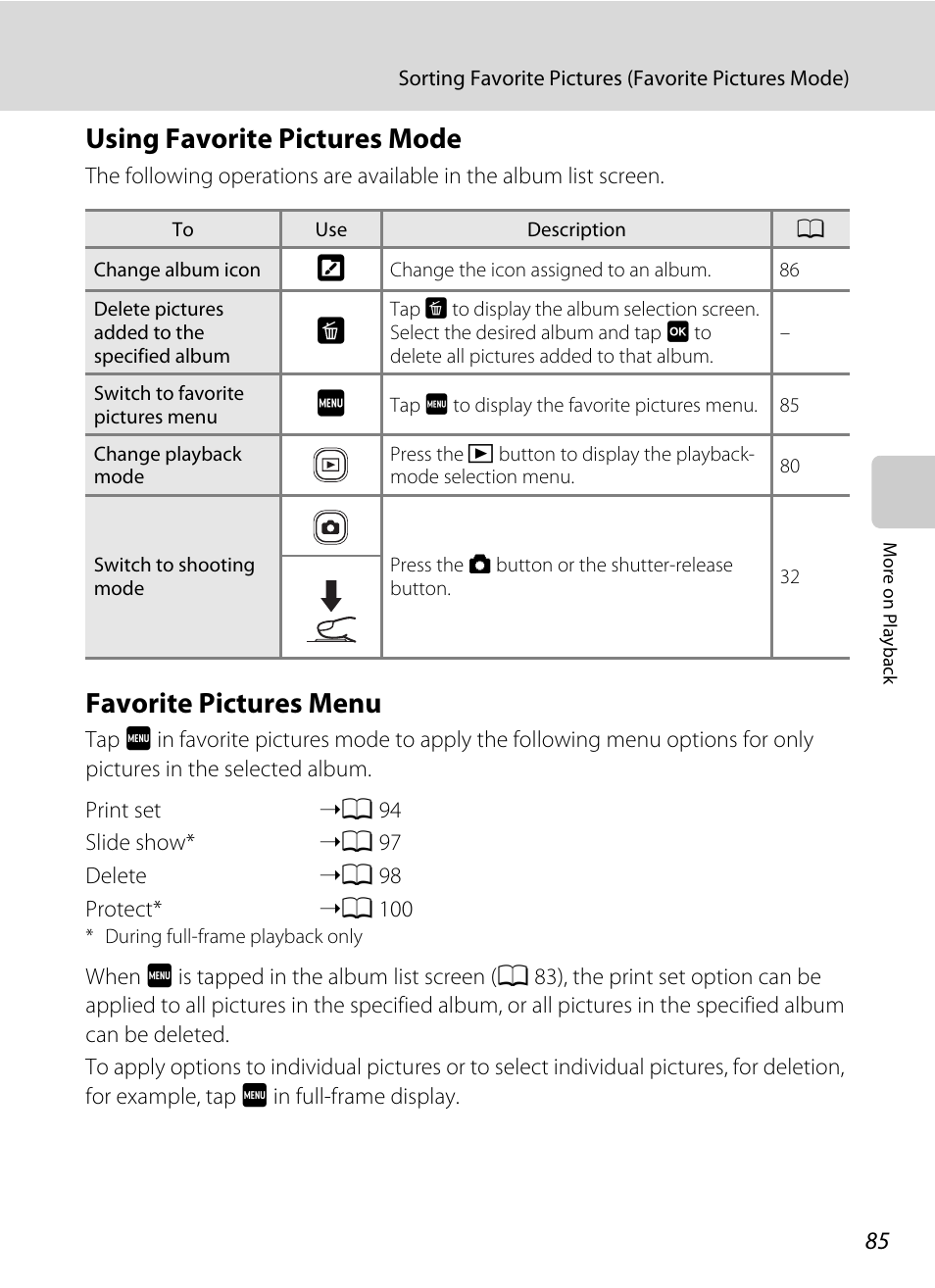 Using favorite pictures mode, Favorite pictures menu, A 85) | Nikon S4000 User Manual | Page 97 / 196