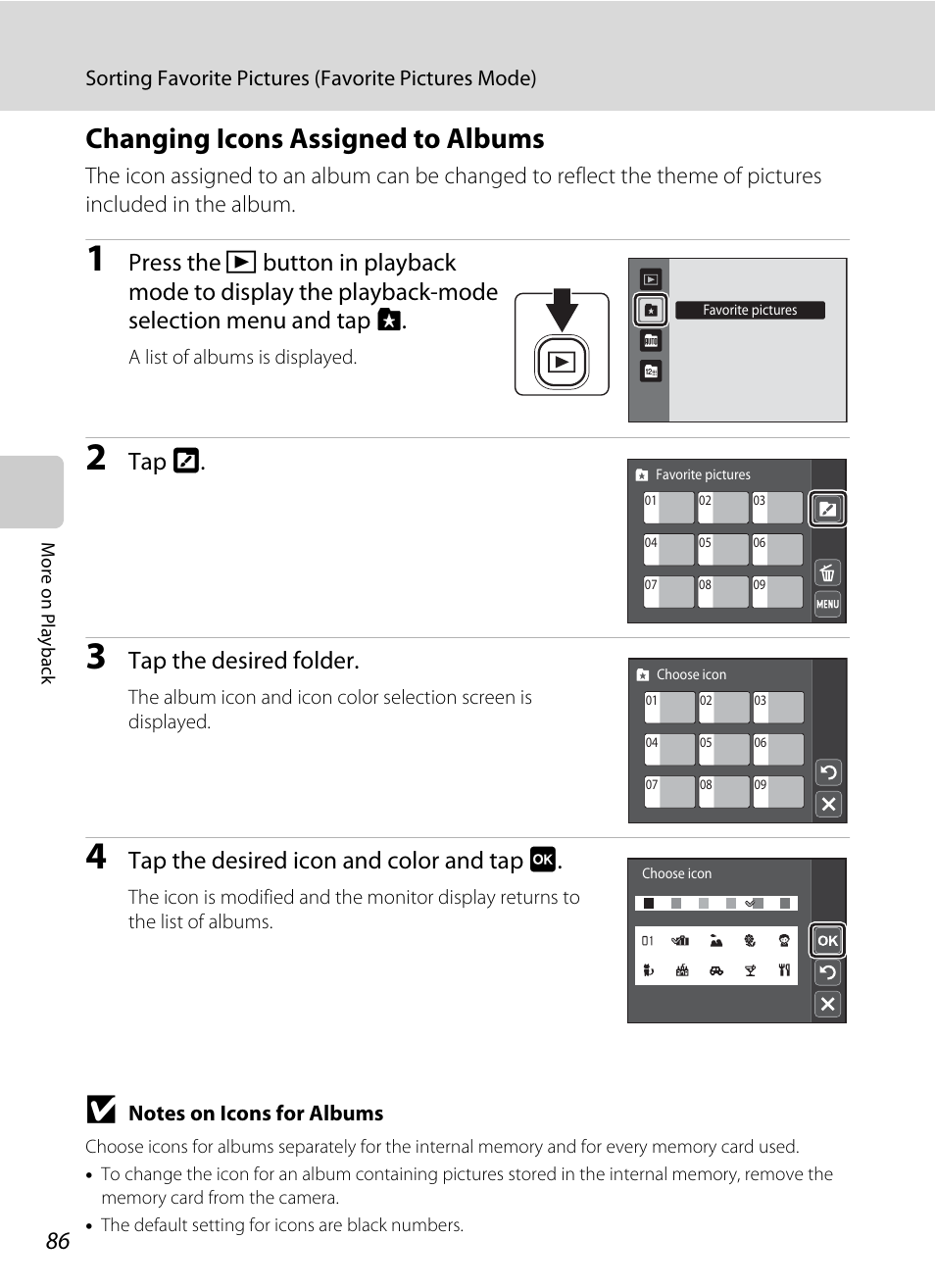 Changing icons assigned to albums, Tap k, Tap the desired folder | Tap the desired icon and color and tap i | Nikon S4000 User Manual | Page 98 / 196