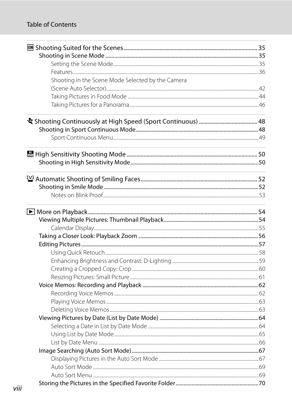 Viii | Nikon S630 User Manual | Page 10 / 176