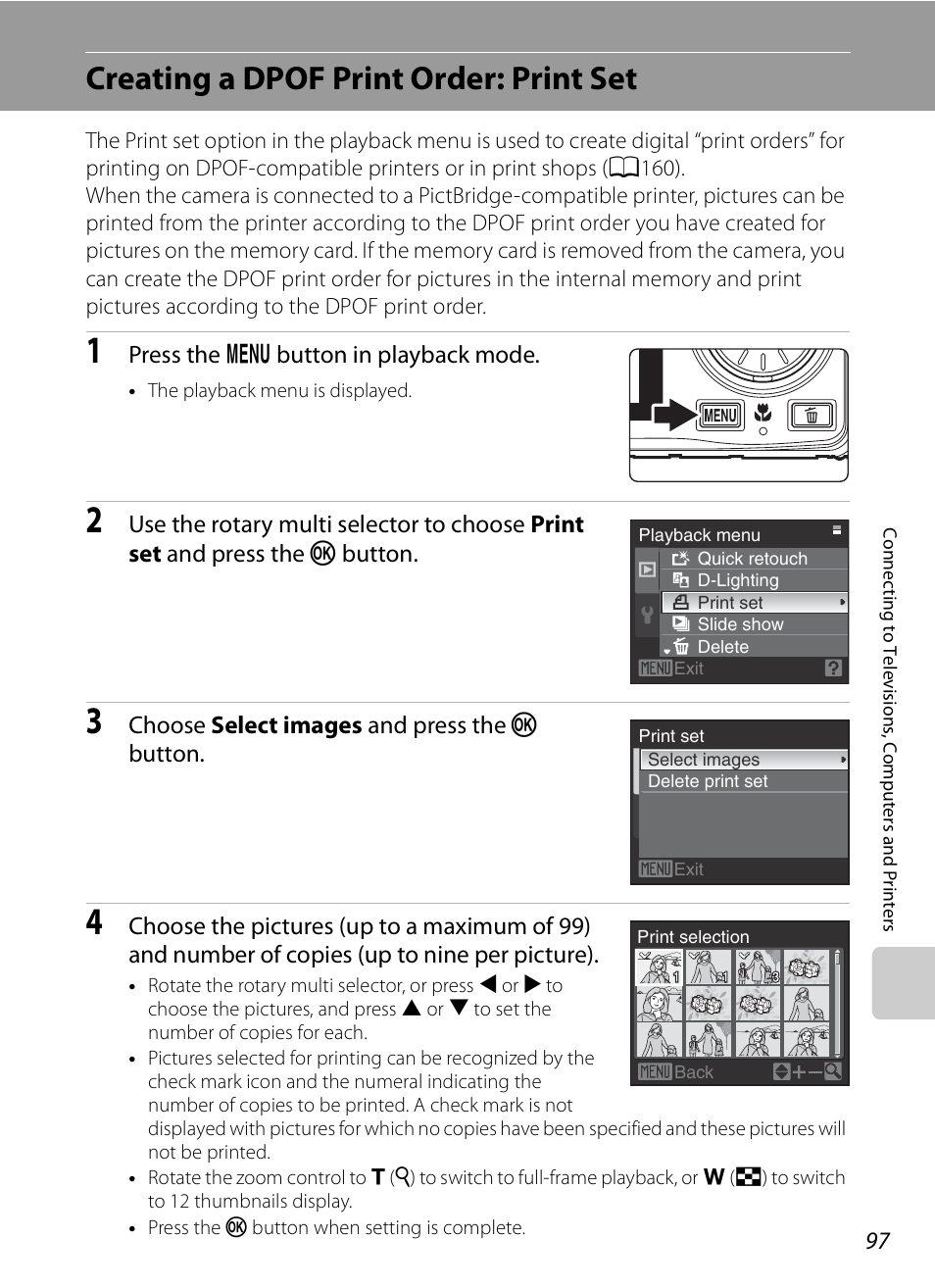 Creating a dpof print order: print set, A97) o, A97) | Nikon S630 User Manual | Page 109 / 176