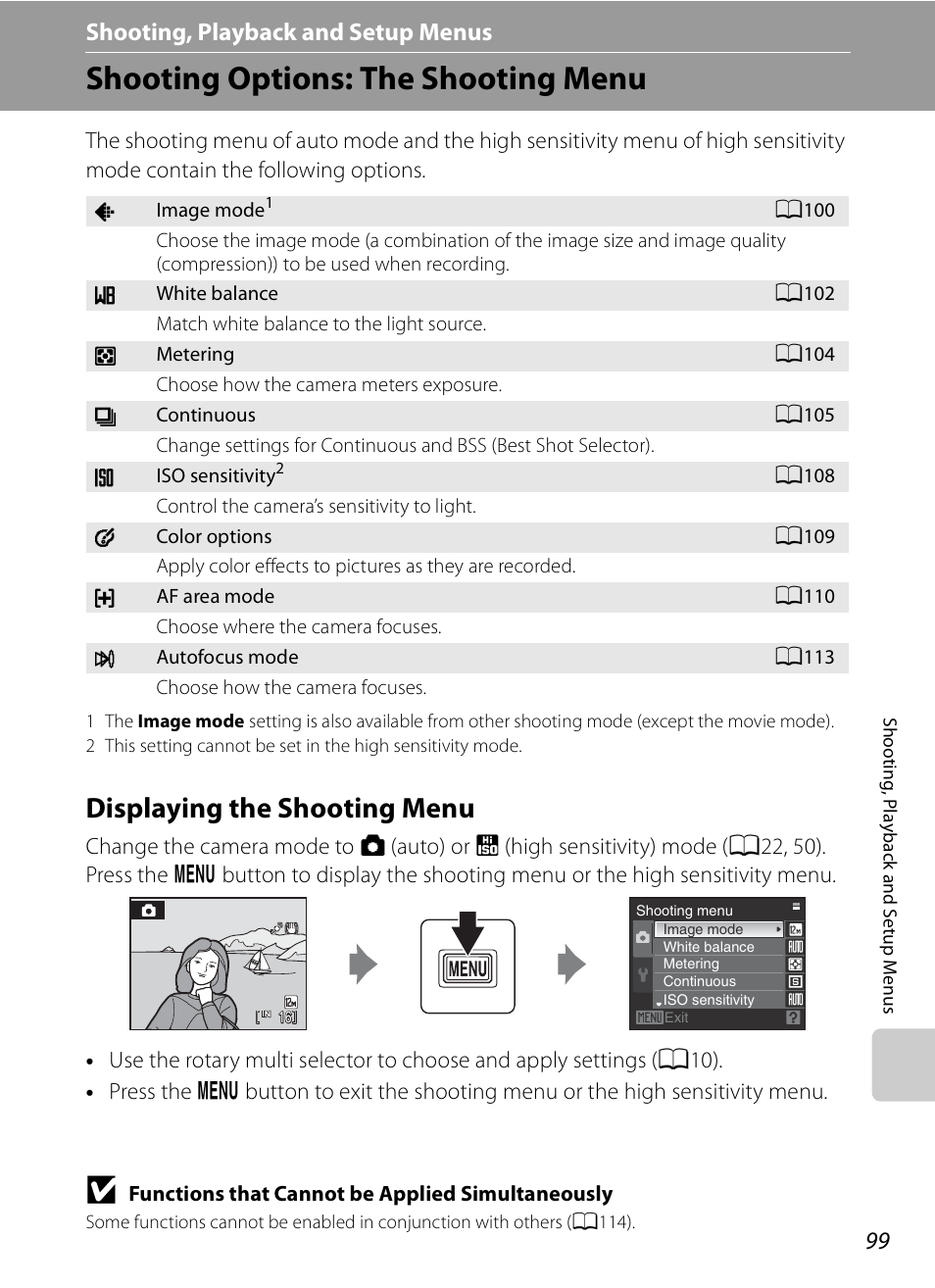 Shooting, playback and setup menus, Shooting options: the shooting menu, Displaying the shooting menu | D shooting, playback and setup menus, A99) | Nikon S630 User Manual | Page 111 / 176