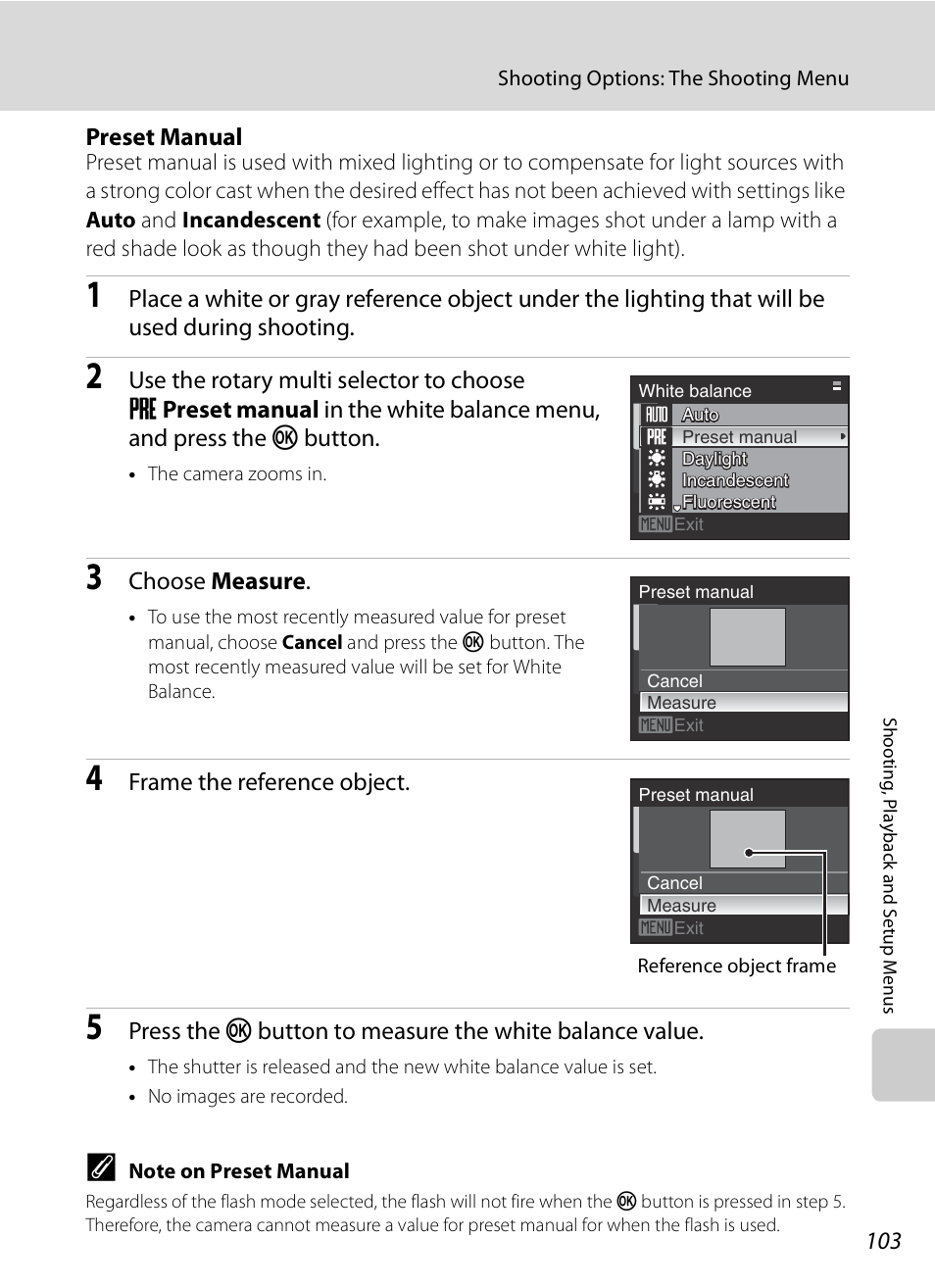 Ee “preset manual, A103), Preset manual | Choose measure, Frame the reference object | Nikon S630 User Manual | Page 115 / 176