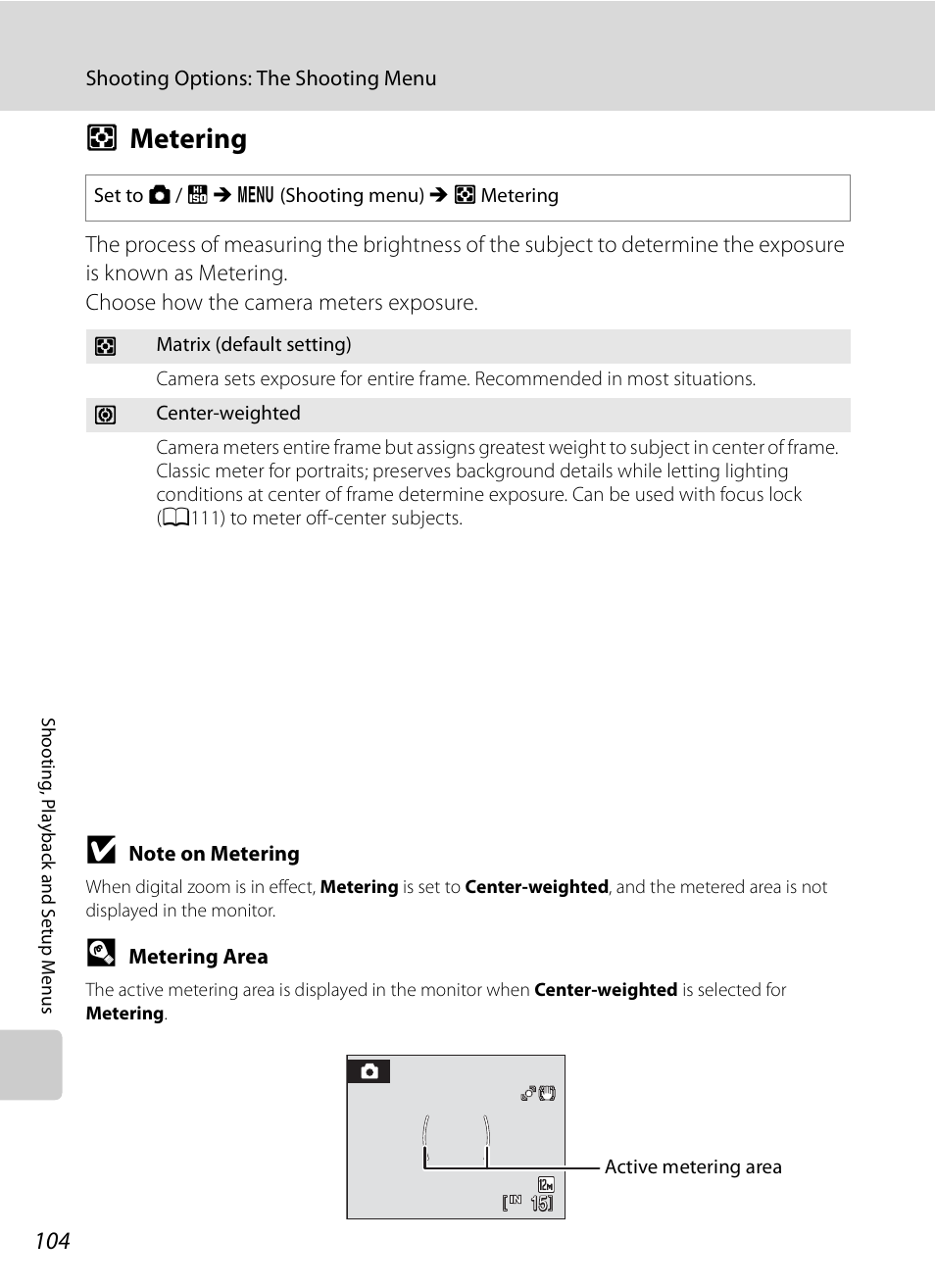 Metering, G metering, A104 | Nikon S630 User Manual | Page 116 / 176