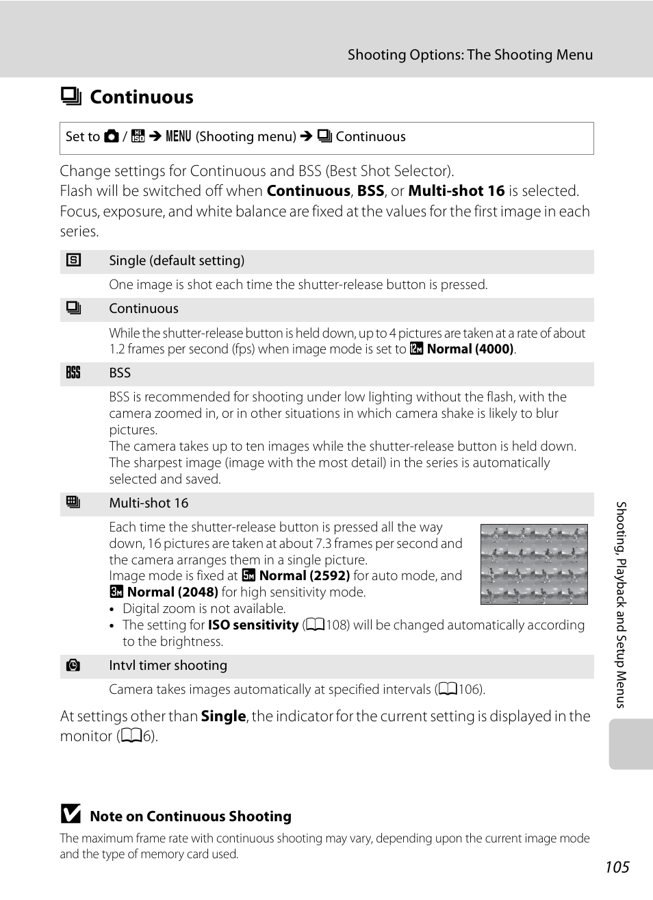 Continuous, C continuous, A105) | A105 | Nikon S630 User Manual | Page 117 / 176