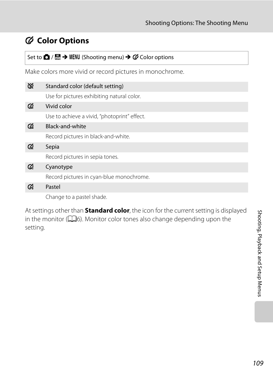 Color options, F color options, A109 | Nikon S630 User Manual | Page 121 / 176