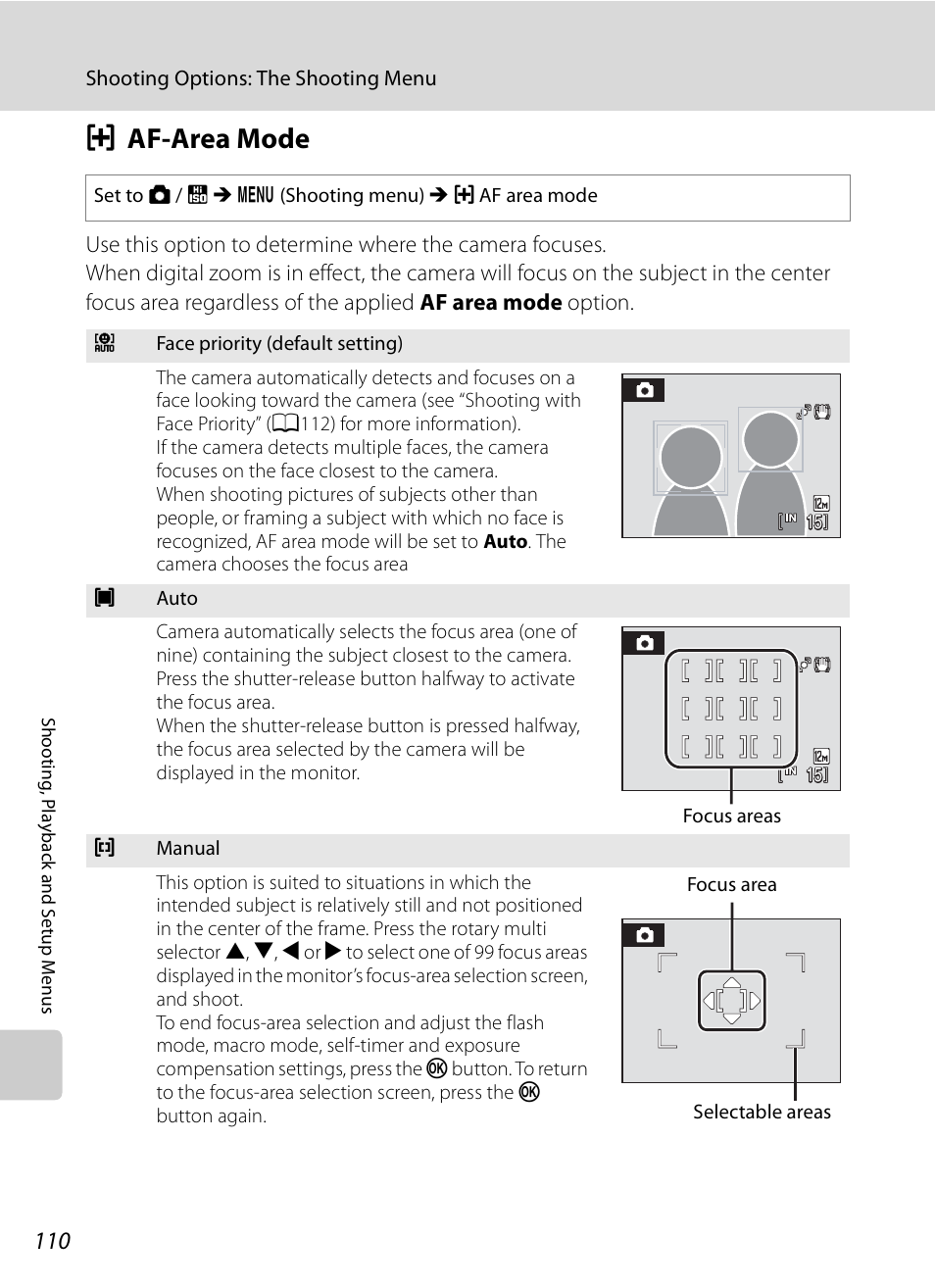 Af-area mode, G af-area mode, A110) | A110 | Nikon S630 User Manual | Page 122 / 176