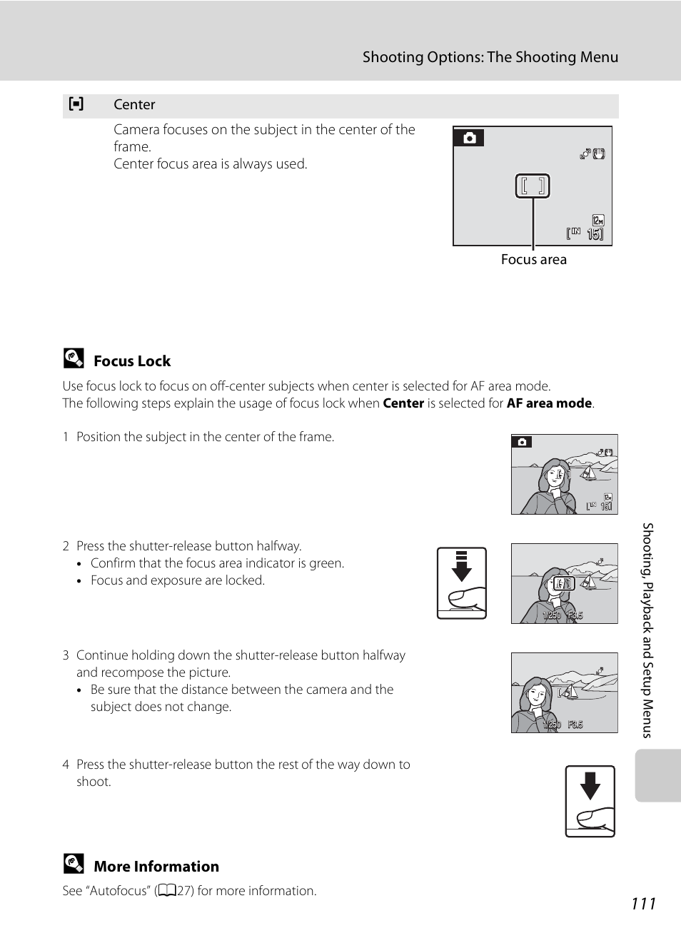 A111), Shooting options: the shooting menu, Focus lock | More information | Nikon S630 User Manual | Page 123 / 176