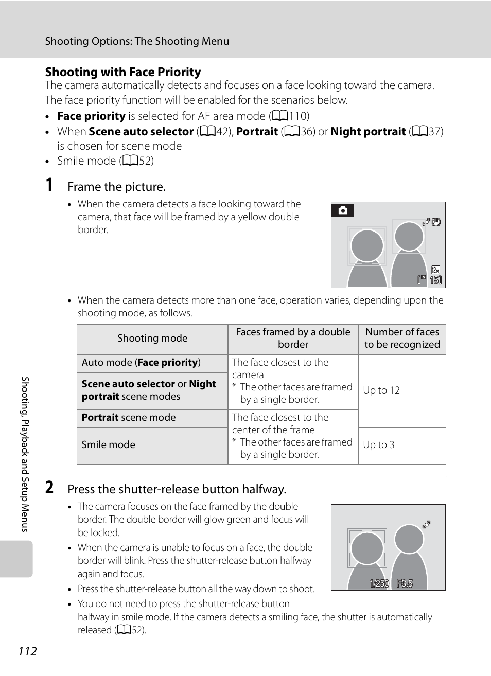 A112, Shooting with face priority, A112) for m | A112), See “shooting with face priority, Frame the picture, Press the shutter-release button halfway | Nikon S630 User Manual | Page 124 / 176