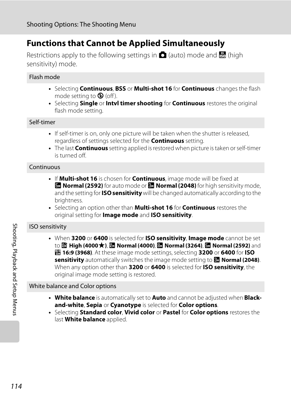 Functions that cannot be applied simultaneously, A114) | Nikon S630 User Manual | Page 126 / 176