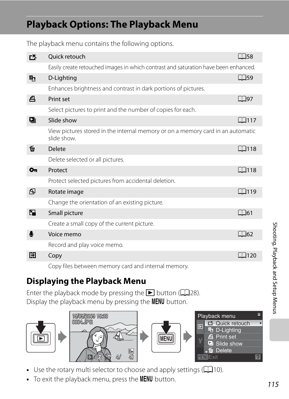 Playback options: the playback menu, Displaying the playback menu, A115) | Nikon S630 User Manual | Page 127 / 176