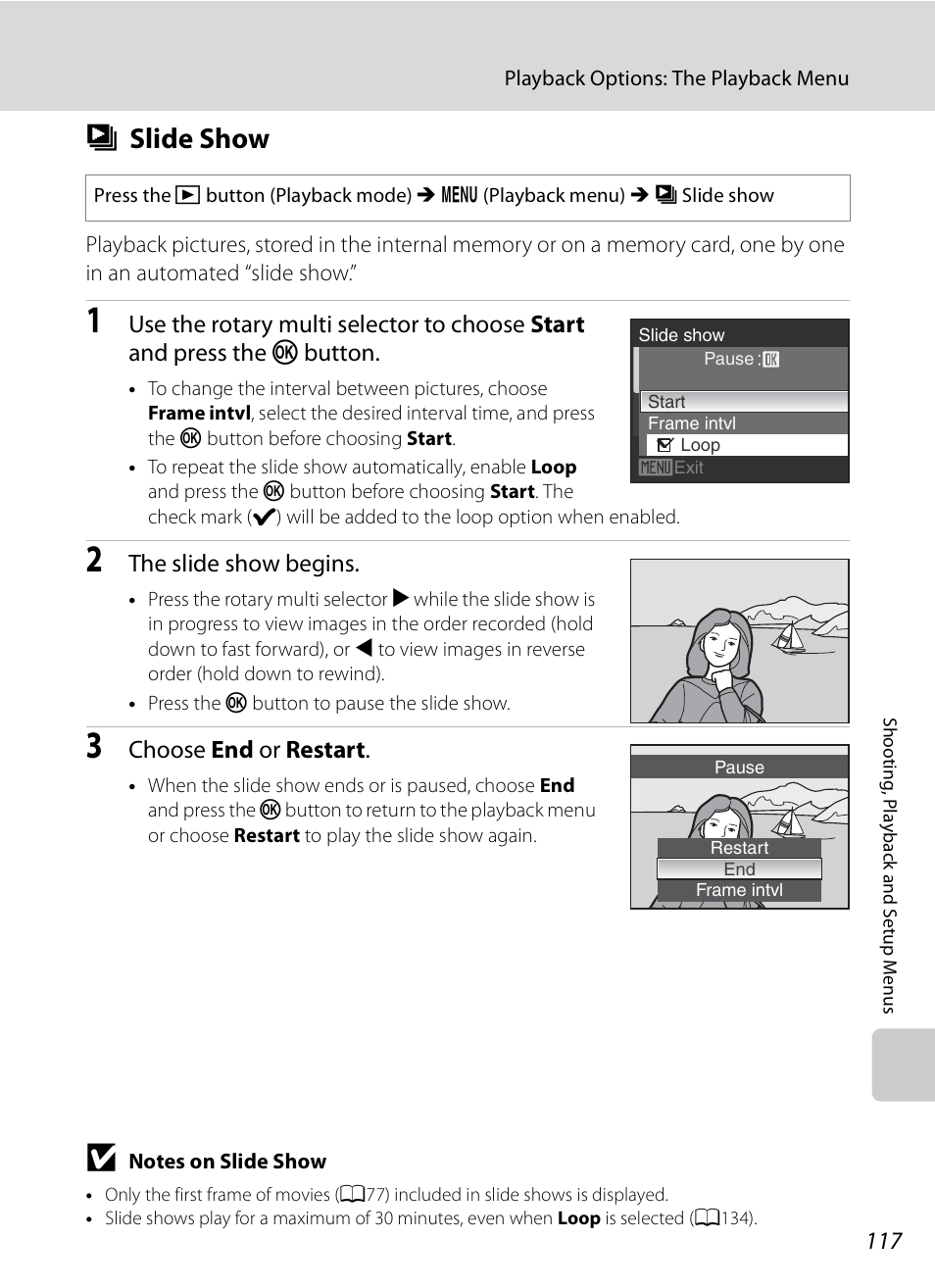 Slide show, B slide show, A117 | The slide show begins, Choose end or restart | Nikon S630 User Manual | Page 129 / 176