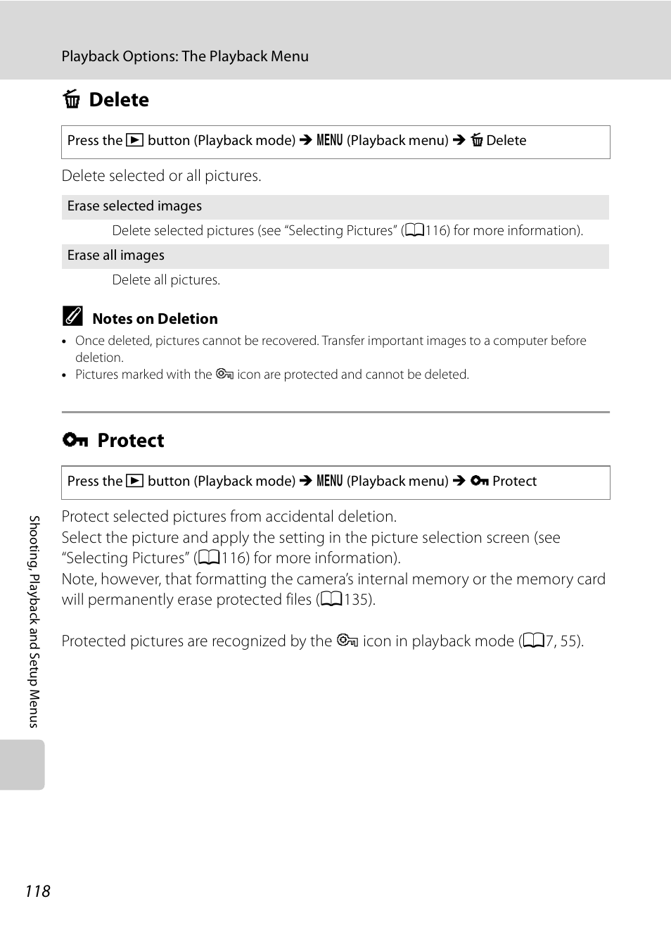 Delete, Protect, C delete d protect | A118) fro, A118, A118), C delete, D protect | Nikon S630 User Manual | Page 130 / 176