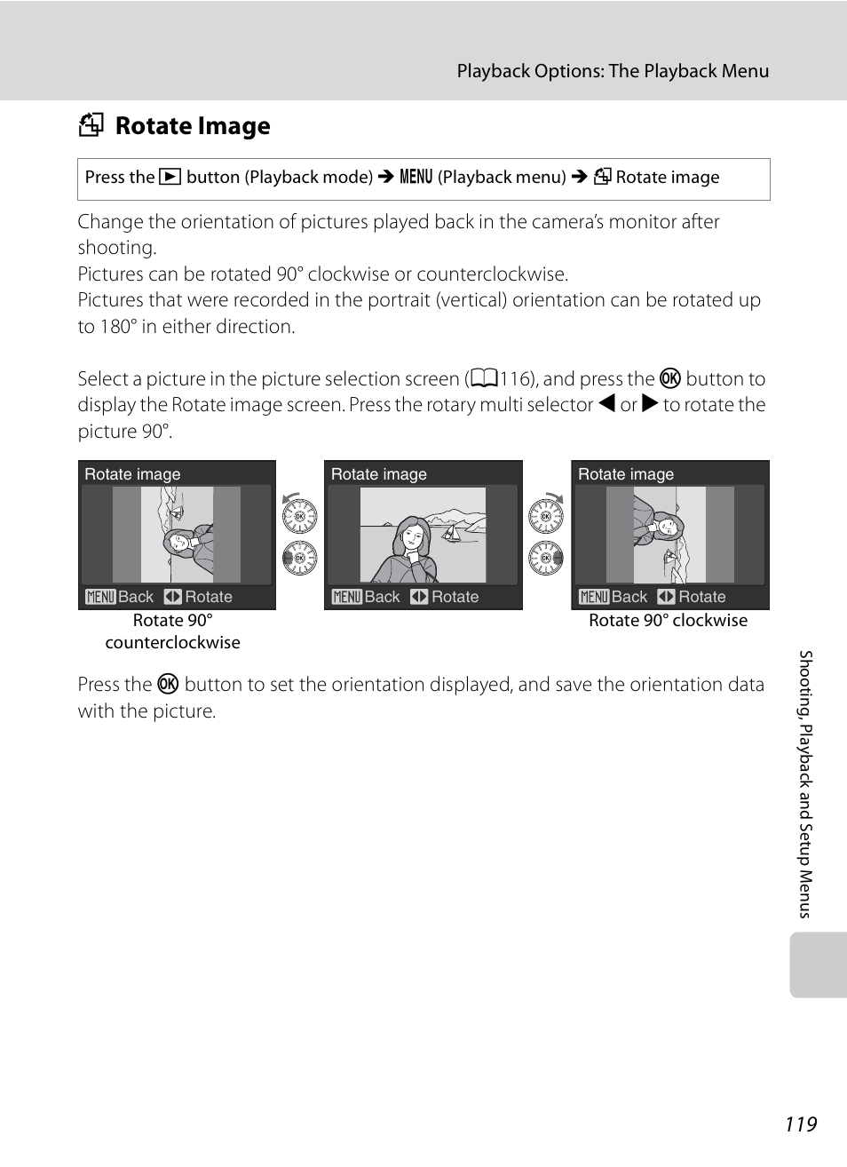 Rotate image, F rotate image, A119) | A119 | Nikon S630 User Manual | Page 131 / 176