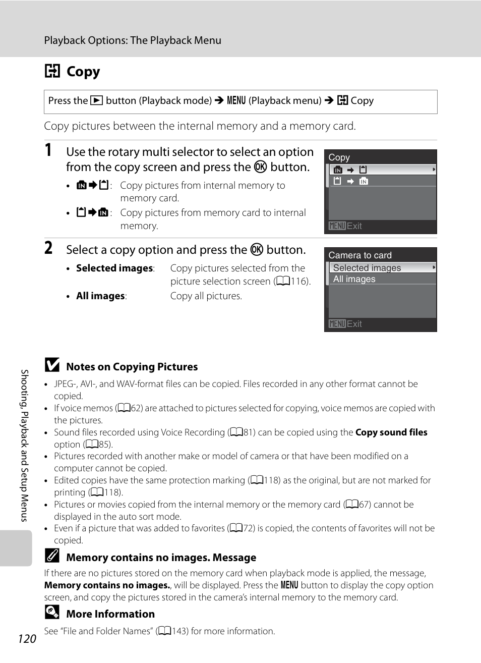 Copy, H copy, A120 | A120), Select a copy option and press the k button | Nikon S630 User Manual | Page 132 / 176