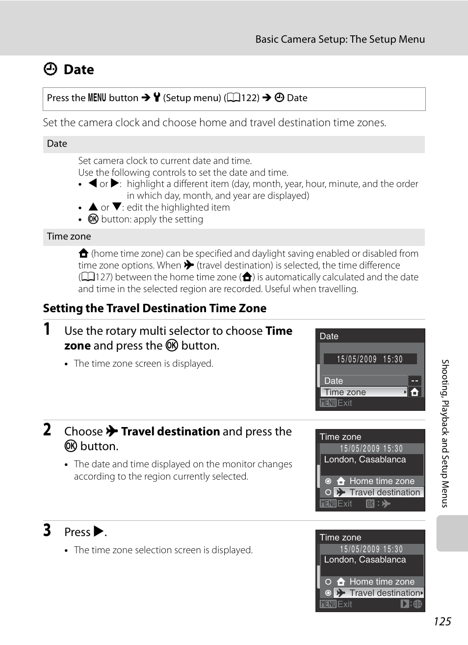 Date, D date, A125) | A125, Setting the travel destination time zone, Choose x travel destination and press the k button, Press k | Nikon S630 User Manual | Page 137 / 176