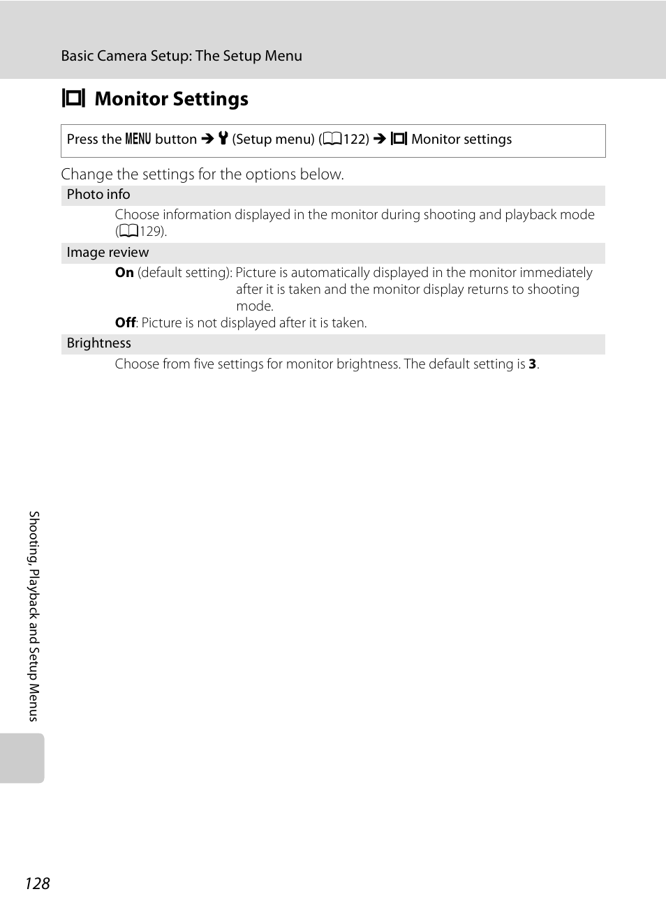 Monitor settings, E monitor settings, A128) | A128 | Nikon S630 User Manual | Page 140 / 176