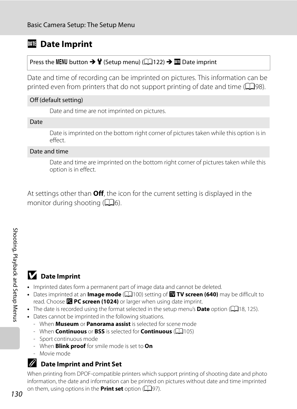 Date imprint, F date imprint, A130) | A130 | Nikon S630 User Manual | Page 142 / 176