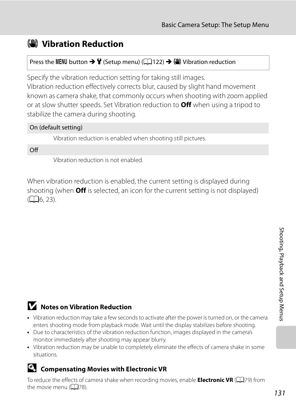 Vibration reduction, G vibration reduction, A131) | A131 | Nikon S630 User Manual | Page 143 / 176