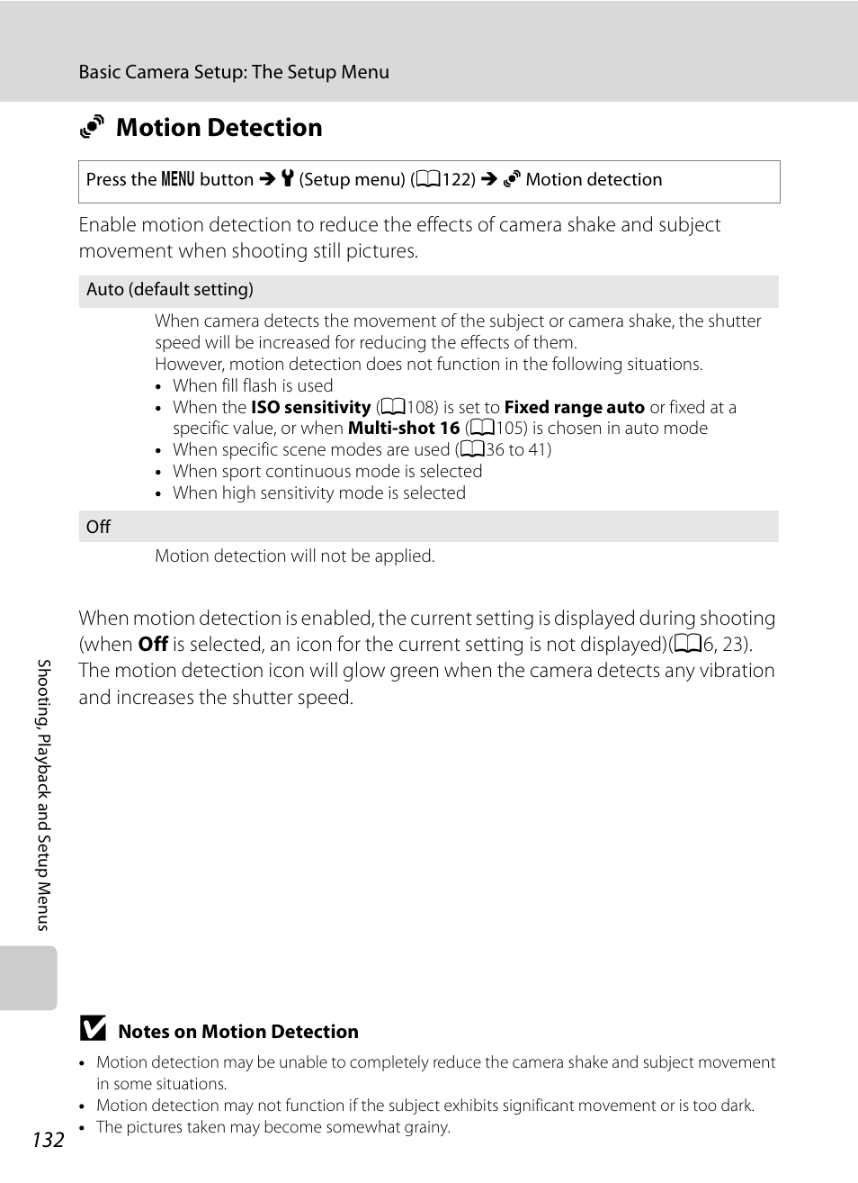 Motion detection, U motion detection, A132) | A132 | Nikon S630 User Manual | Page 144 / 176