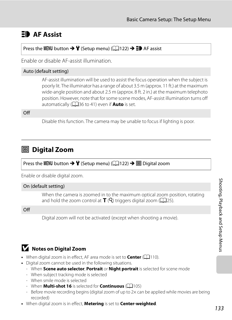 Af assist, Digital zoom, H af assist u digital zoom | A133), A133, H af assist, U digital zoom | Nikon S630 User Manual | Page 145 / 176