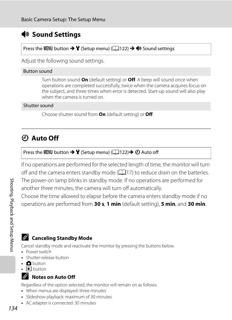 Sound settings, Auto off, I sound settings k auto off | A134), A134, I sound settings, K auto off | Nikon S630 User Manual | Page 146 / 176