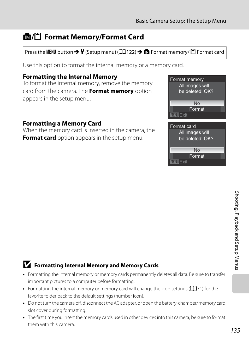Format memory/format card, L/m format memory/format card, A135) | A135 | Nikon S630 User Manual | Page 147 / 176