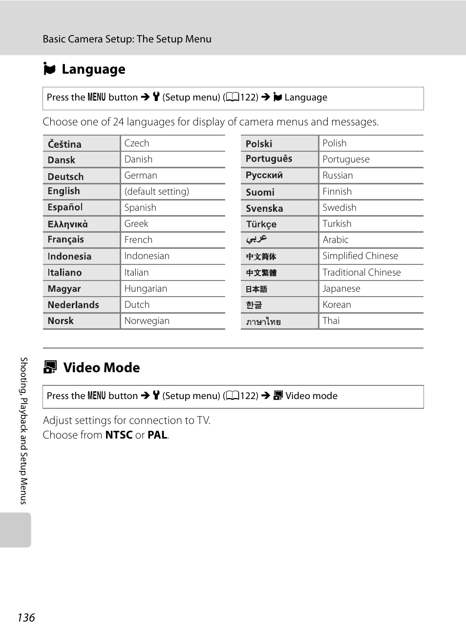 Language, Video mode, N language o video mode | A136, N language, O video mode | Nikon S630 User Manual | Page 148 / 176