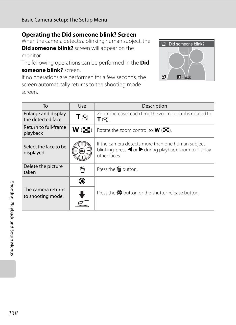 A138), Operating the did someone blink? screen, F (h) | Nikon S630 User Manual | Page 150 / 176