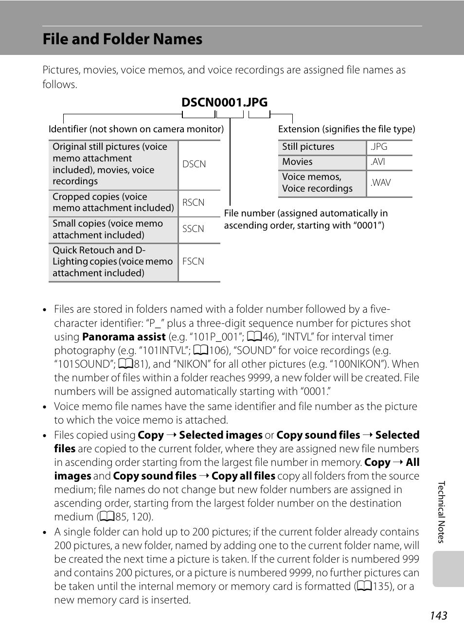 File and folder names, See “file and folder names, A143) | Dscn0001.jpg | Nikon S630 User Manual | Page 155 / 176