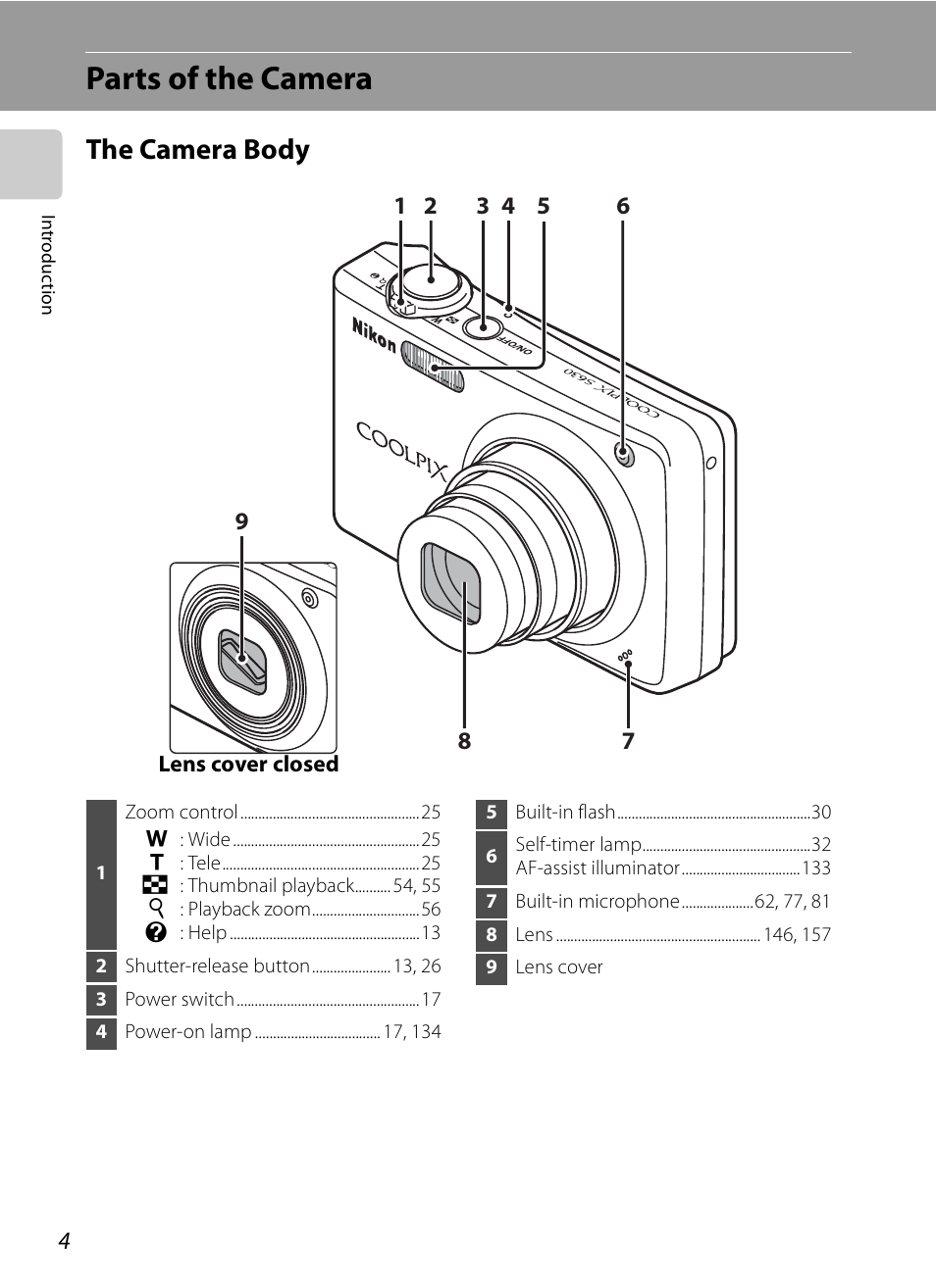 Parts of the camera, The camera body | Nikon S630 User Manual | Page 16 / 176