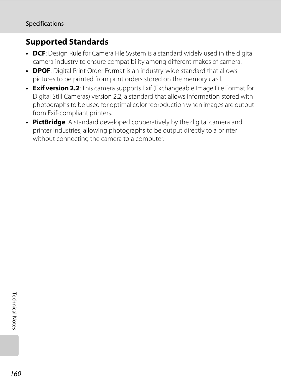 Supported standards, A160) p, A160) | Nikon S630 User Manual | Page 172 / 176