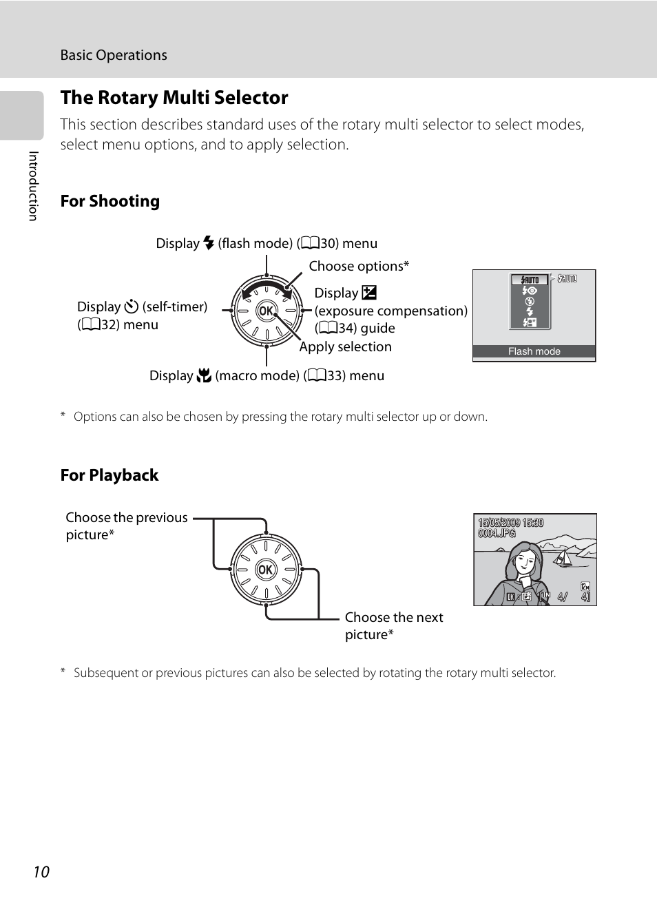 The rotary multi selector, For shooting, For playback | Nikon S630 User Manual | Page 22 / 176