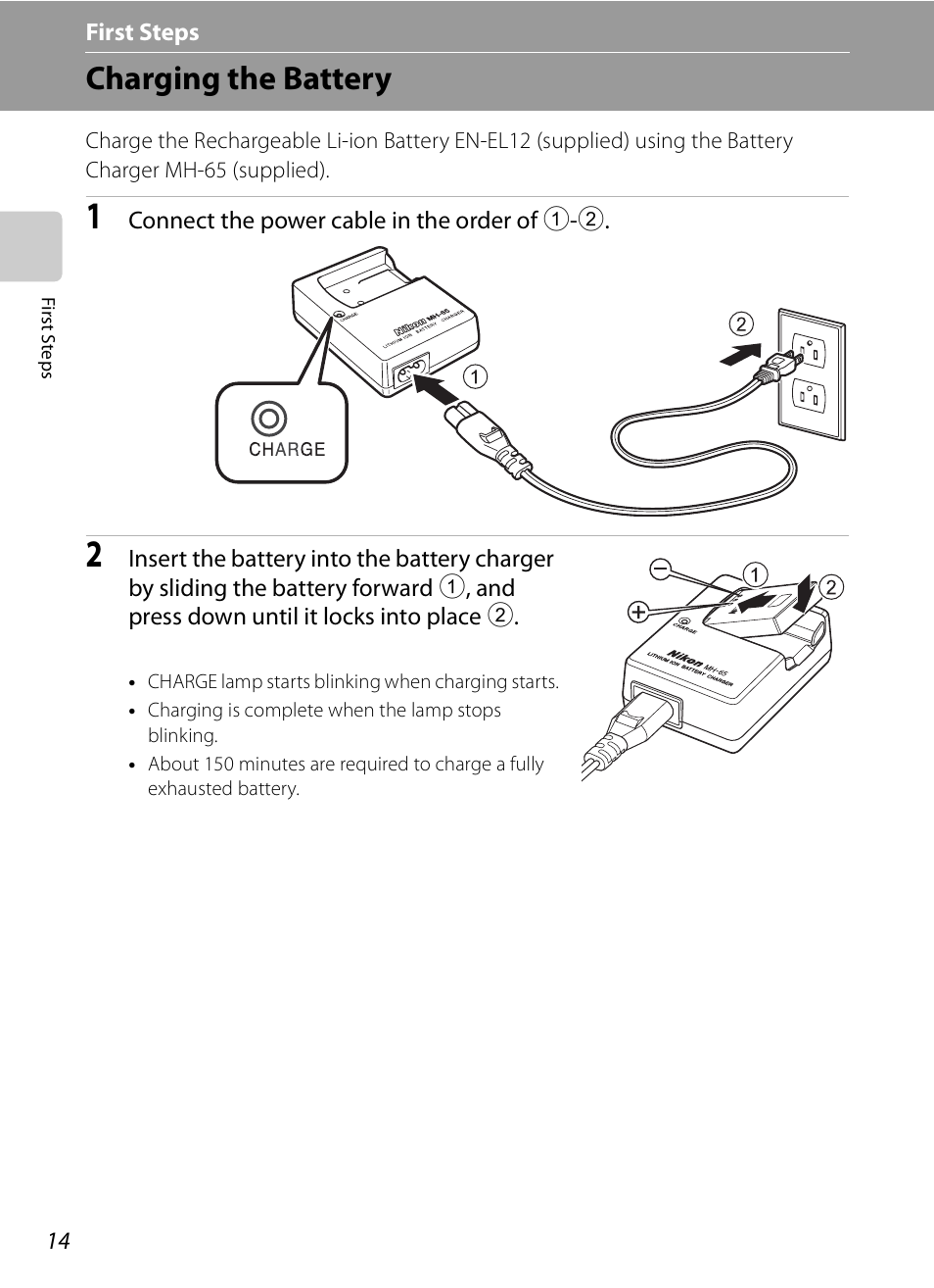 First steps, Charging the battery | Nikon S630 User Manual | Page 26 / 176