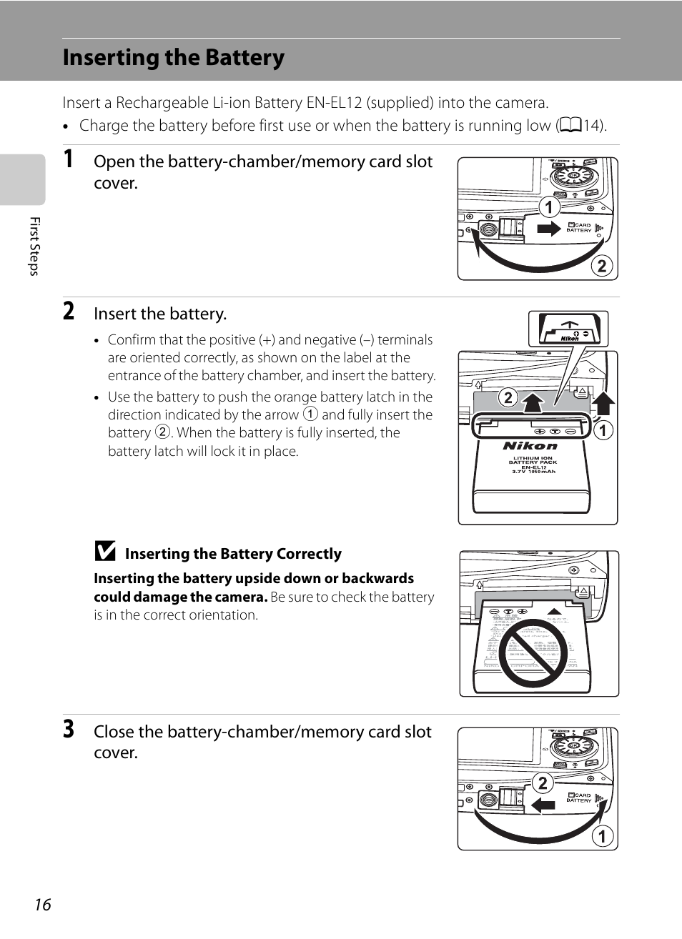 Inserting the battery | Nikon S630 User Manual | Page 28 / 176